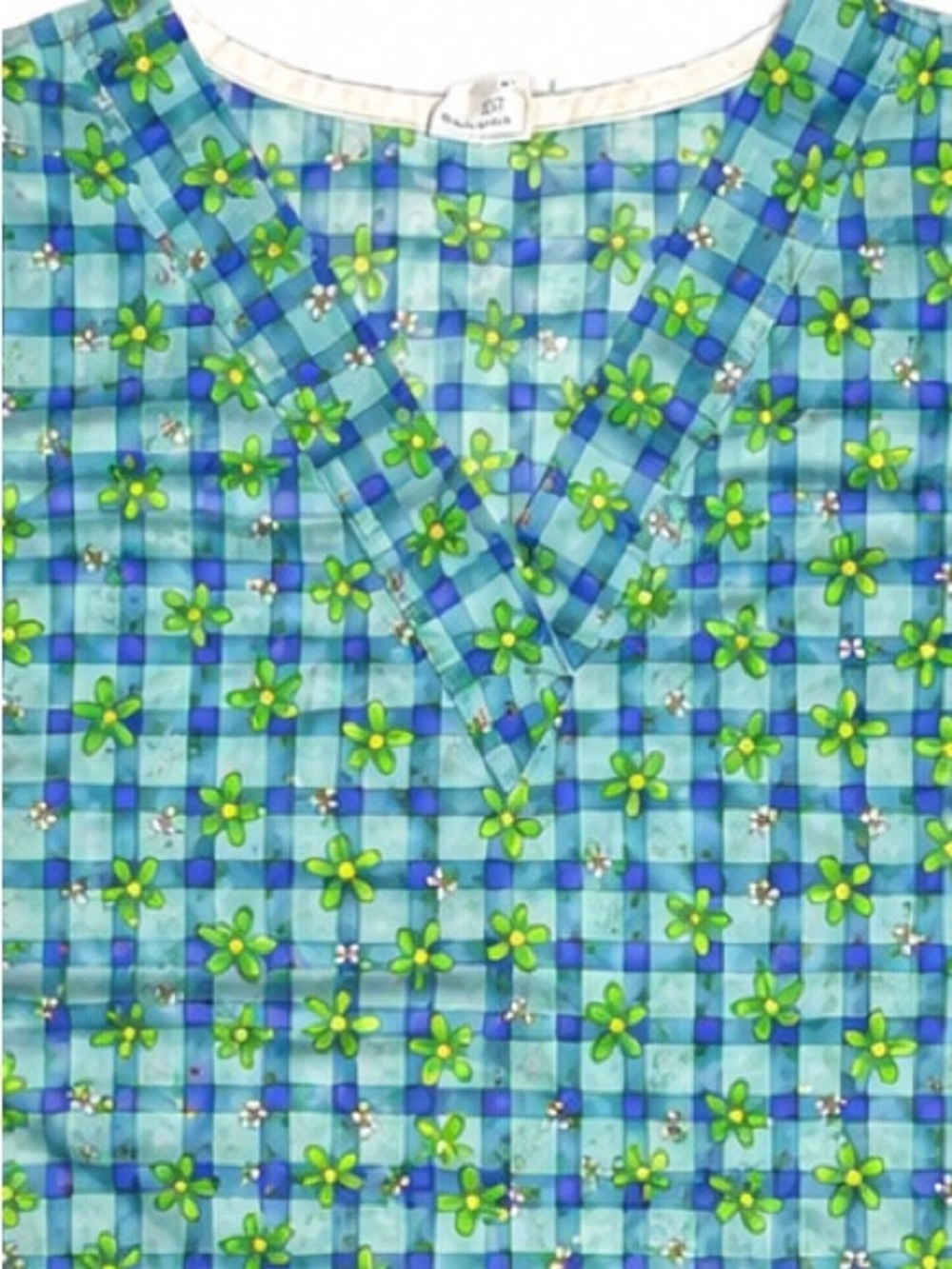 Tafford Scrub Top Blue Gingham Floral Bee Print V Neck Nurse Uniform Women’s M